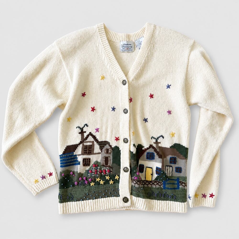 Vintage Northern Treasures Cottage Garden Embroidered Cream Cardigan Cottagecore